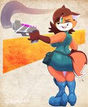 anthro big_breasts big_butt boots breasts brown_body brown_fur brown_hair butt clothing female fluffy fluffy_tail footwear fur green_eyes hair laser_gun looking_at_viewer looking_back looking_back_at_viewer one_eye_closed orange_body orange_fur ranged_weapon rear_view shoes smile smoke solo tail teeth thick_thighs tongue tongue_out weapon white_body white_fur wide_hips wink vimhomeless macy canid canine fox mammal 2017 absurd_res hi_res