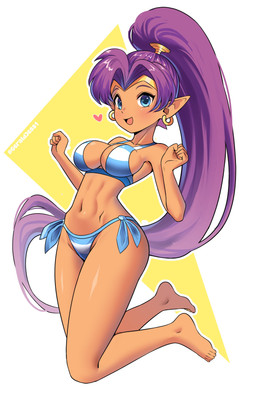 big_breasts bikini blue_eyes blush breasts circlet clothing collarbone ear_piercing ear_ring eyebrows eyelashes feet female hair heart_symbol humanoid_pointy_ears long_hair navel not_furry open_mouth open_smile pattern_bikini pattern_clothing pattern_swimwear piercing pointy_ears purple_hair ring_piercing side-tie_bikini smile solo string_bikini striped_bikini striped_clothing striped_swimwear stripes swimwear two-piece_swimsuit geraldjess1 shantae_(series) wayforward shantae genie humanoid 2025 absurd_res hi_res
