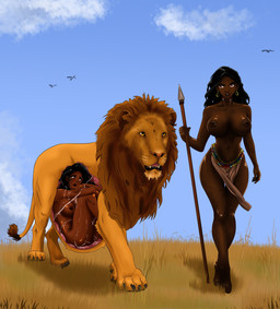 africa african belly big_belly big_breasts black_claws black_hair bottomwear breasts brown_pawpads brown_tail_tuft claws clothing dark_body dark_skin day female female_prey feral feral_pred grass group hair human_prey internal loincloth male male_pred mane melee_weapon nipples open_mouth orange_nose organs outside pawpads pink_tongue plant polearm same_size_vore spear stomach tail tail_tuft tongue trio tuft vore walking weapon x-ray_view nalzindar felid human lion mammal pantherine hi_res shaded story story_in_description