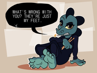 4_toes annoyed anthro barefoot cigarette clothing countershade_feet countershading eyebrows feet female green_body green_scales humanoid_feet plantigrade raised_eyebrow scales smoking soles solo text toes 3rdharleyjoe night_in_the_woods bea_santello alligator alligatorid crocodilian reptile scalie 2017 4:3 english_text