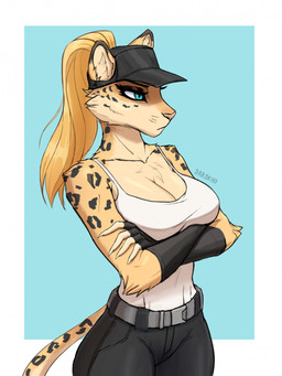 anthro big_breasts black_bottomwear black_clothing black_pants blonde_hair blue_eyes bottomwear breasts cleavage clothed clothing crossed_arms female fingerless_gloves fur gloves hair handwear hat headgear headwear pants shirt simple_background solo spots topwear unimpressed white_clothing white_shirt white_topwear yellow_body yellow_fur darokho rukait_(darokho) felid leopard mammal pantherine hi_res
