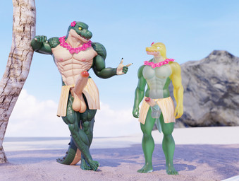 abs anthro balls beach biceps big_penis bottomwear candy clothing dessert duo erection feet flower food foreskin genitals glans grass_skirt humanoid_genitalia humanoid_penis male male/male muscular muscular_male nipples obliques outside pecs penis plant sea serratus skirt spikes spikes_(anatomy) tail triceps vein veiny_penis water connivingrat glitch_productions the_amazing_digital_circus gummigoo_(tadc) helm_(connivingrat) crocodilian food_creature living_candy reptile scalie 2026 3d_(artwork) blender_(artwork) digital_media_(artwork) hi_res