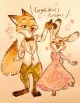 2017 academy_awards anthro bare_shoulders barefoot black_tie_(suit) bow_(feature) bow_tie brown_ear_tips canid canine clothed clothing dipstick_ears dipstick_tail disney dress duo feet female fox fur gesture green_eyes grey_ear_tips hand_behind_back high_five jewelry judy_hopps jumping lagomorph leporid male mammal markings multicolored_ears multicolored_tail necklace nick_wilde one_eye_closed open_mouth open_smile purple_eyes rabbit raised_arm red_fox saritaaaaaaa82 simple_background size_difference smile suit tail tail_markings true_fox wink zootopia