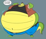 anthro belly big_belly bottomwear clothing dialogue green_body hat headgear headwear male obese obese_male overweight overweight_male pants shirt simple_background solo text topwear wide_crotch astonkitkat brok_the_investigator cowcat_games brok_(brok_the_investigator) alligator alligatorid crocodilian reptile scalie 2024 english_text hi_res