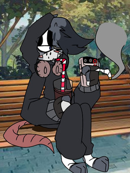 3_toes anthro blue_eyes bottomwear cigarette clothing drinking electronics feet grey_body headphones hoodie jacket male pants sitting solo tail toes topwear wannapossums rutfer_j._randtex mammal murid murine rat rodent 3:4