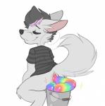 2016 absurd_res anthro anus anus_only backsash biped black_nose bottomless bucket butt canid canine canis clothed clothing colored_feces container digital_media_(artwork) eyes_closed feces fur hair hi_res lgbt_pride male mammal multicolored_feces pooping pooping_in_bucket rainbow rainbow_feces sash_(backsash) scatplay simple_background smile solo unusual_feces white_body white_fur wolf