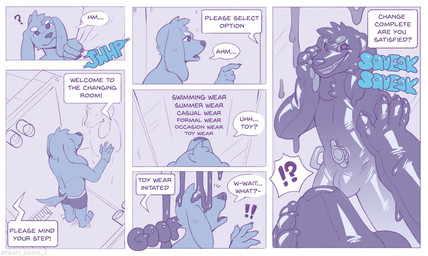 4_fingers anthro boxers_(clothing) bulge claws clothed clothing dialogue exclamation_point fingers first_person_view glistening goo_transformation handle handles_on_hips inflatable latex latex_transformation long_ears male mirror nozzle nude open_mouth pool_toy question_mark questionable_consent shower standing technology teeth text topless transformation underwear heartbeats animate_inanimate canid canine canis domestic_dog living_inflatable mammal 2020 comic digital_drawing_(artwork) digital_media_(artwork) english_text hi_res