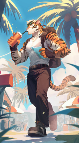 5_fingers anthro backpack belt beverage blue_sky bottomwear brown_body brown_fur brown_stripes clothed clothing cloud coconut container countershade_arms countershade_face countershade_torso countershading cup dipstick_tail drinking drupe_(fruit) eyewear eyewear_on_head fingers food footwear fruit fully_clothed fur grey_bottomwear grey_clothing grey_pants hair holding_object male map markings multicolored_body multicolored_fur muscular muscular_anthro muscular_male orange_body orange_fur outside palm_tree pants pink_nose plant shirt shoes sky solo striped_body striped_fur stripes sunglasses sunglasses_on_head tail tail_markings tank_top topwear tree white_body white_clothing white_countershading white_fur white_hair white_shirt white_tank_top white_topwear tarobandit felid mammal pantherine tiger 2023 absurd_res colored hi_res