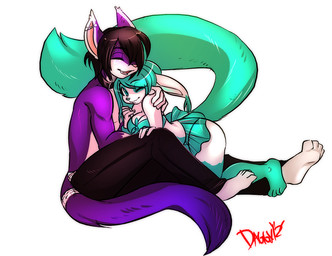 accessory alternative_fashion anthro barbell_piercing belt black_hair bottomwear breasts cleavage clothed clothing collar cuddling duo ear_piercing ear_tuft emo eyebrow_barbell eyebrow_piercing eyes_closed facial_markings facial_piercing fangs feet female fur furgonomics green_body green_eyes green_fur green_nose hair head_markings hindpaw hug industrial_piercing jewelry looking_at_viewer male markings multiple_piercings one_eye_closed open_mouth paws piercing pink_nose purple_body purple_fur ring short_hair simple_background sitting skimpy skirt smile studded_belt studs tail tail_accessory tail_jewelry tail_ring teeth tongue tongue_piercing tuft white_background white_body white_fur luvon raerae trix_(matetrix) domestic_cat felid feline felis mammal 2012