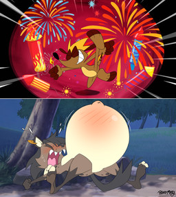 after_vore anthro belly big_belly black_hair brown_body brown_fur duo female fireworks forest fur hair huge_belly inflation male male/female night outside plant tree vore potateymatey leena_(potateymatey) marley_(potateymatey) herpestid hyena mammal meerkat spotted_hyena 2025 absurd_res hi_res