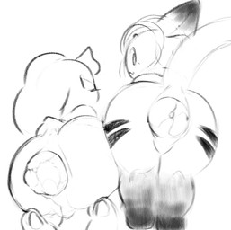 anthro anus balls butt crouching crowning_feces duo eyebrows feces floppy_ears fur fur_markings genitals head_tuft looking_at_viewer looking_back looking_back_at_viewer male male_pooping markings pooping pooping_together raised_eyebrows raised_tail scatplay scut_tail short_tail smile tail tuft tiosqr domestic_cat felid feline felis lagomorph leporid maine_coon mammal rabbit siamese monochrome nonbinary_(lore)