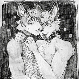 anthro anthro_on_anthro arm_tuft blush bodily_fluids cheek_tuft chest_tuft clothed clothing collar duo facial_tuft fishnet_clothing fishnet_topwear hair male saliva saliva_string sex short_hair shoulder_tuft simple_background skimpy spiked_collar spikes tongue tongue_out topless topwear tuft unsigned akatan_art canid canine fox mammal 1:1 hi_res monochrome traditional_media_(artwork)