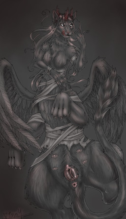 animal_genitalia animal_vulva anus black_sclera canine_genitalia canine_vulva claws clothing feathered_wings feathers female feral genitals glowing glowing_eyes hair horn long_hair lying multi_nipple nipples on_back pawpads paws presenting presenting_anus simple_background solo tail tongue torn_clothing vulva wings timmychan slay_the_princess the_den_(slay_the_princess) the_princess_(slay_the_princess) ambiguous_species chimera felid feline mammal taur absurd_res hi_res monochrome signature