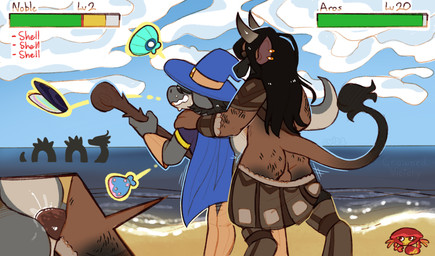 beach bottomwear bottomwear_down close-up clothing cloud cutaway detailed_background duo_focus from_behind_position gameplay_mechanics group gui health_bar magic_user male male/male outside penetration public seaside sex staff standing tail crownedvictory mythology ambient_arthropod ambient_crab ambient_crustacean ambient_sealife bovid bovine cattle dragon mammal mythological_creature mythological_scalie scalie 2022 absurd_res hi_res