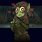 clothing female green_body green_skin heart_eyes heart_symbol long_ears looking_at_viewer parody_character red_eyes solo sweater topwear bunny75 helltaker modeus_(helltaker) goblin humanoid 1:1 traced