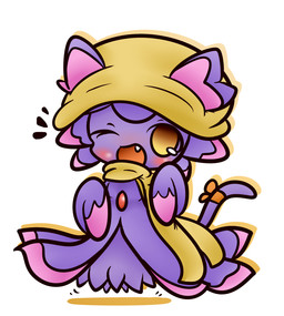 accessory blush bodily_fluids bow_(feature) bow_accessory bow_ribbon cat_tail clothing dress female furgonomics hat headgear headwear looking_at_viewer magic_user one_eye_closed open_mouth ribbons scarf simple_background solo tail tail_accessory tail_bow tail_ribbon tears wink witch concave_(artist) nintendo pokemon felid generation_4_pokemon ghost hybrid mammal mismagius pokemon_(species) spirit