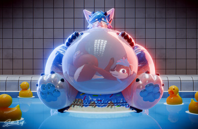 anthro belly big_belly blue_body blue_eyes donut_pool_toy duo feet foot_focus furniture hand_on_belly huge_belly inflatable looking_at_viewer male pawpads paws pleased_expression pool_toy solo squeaky_toy swimming_pool text vore suddenwolf sudden_(suddenwolf) animate_inanimate awtter canid canine canis living_inflatable mammal mustelid otter regulus_(species) wolf 3d_(artwork) absurd_res digital_media_(artwork) english_text hi_res