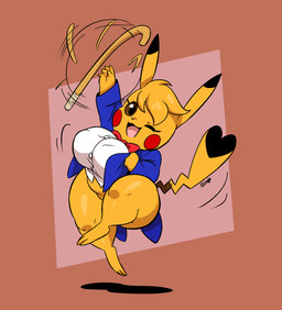 3_toes 5_fingers anthro anthrofied bangs big_breasts bottomless bow_tie breasts cane cleft_tail clothed clothing cosplay_pikachu_(costume) dipstick_ears dipstick_tail ear_markings feet female fingers heart_tail jacket looking_at_viewer markings multicolored_ears multicolored_tail one_eye_closed open_mouth open_smile pokemorph shirt shortstack shortstack_female smile solo tail tail_markings thick_thighs toes topwear wink joaoppereiraus nintendo pokemon cosplay_pikachu_(character) kanna_(joaoppereiraus) pikachu_libre generation_1_pokemon pikachu pokemon_(species) 2020 digital_media_(artwork) hi_res signature