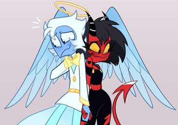 back_wings black_hair blue_body blue_feathers blue_hair blue_skin blush bow_tie duo feathered_wings feathers female freckled_face freckles hair halo hand_holding heart_tattoo horn long_tail male male/female red_body red_skin simple_background spade_tail tail tattoo wings yellow_eyes shandzii hellaverse helluva_boss millie_(helluva_boss) moxxie_(helluva_boss) angel angel_humanoid demon demon_humanoid humanoid imp colored