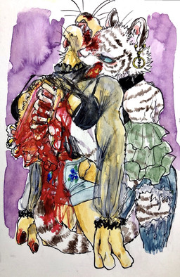 alternative_fashion anthro bite blood blood_in_mouth bodily_fluids bottomwear bra breasts clothed clothing death denim denim_bottomwear denim_clothing denim_shorts duo ear_piercing ear_ring female fur gore guts intestines jeans jewelry leucistic neck_bite open_mouth organs pants piercing ring_piercing shorts snuff stripes tail tongue tongue_out topwear torn_clothing underwear white_body white_fur yellow_body kyokyota felid feline lion mammal pantherine tiger 2017 hi_res painting_(artwork) traditional_media_(artwork) watercolor_(artwork)