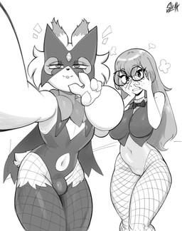 anthro big_breasts black_legs blush bow_tie breasts bulge bunny_costume button_(fastener) cheek_tuft clothed clothing costume covering covering_face crossdressing crossdressing_male duo eyewear eyewear_only facial_tuft female femboy fishnet_clothing forehead_gem gem gesture glasses glasses_only hair hand_gesture leg_tuft leotard long_hair male male/female mask masquerade_mask multicolored_ears navel nude petals selfie selfie_pose short_tail small_waist smile tail thick_thighs thigh_tuft tuft v_sign wearing_glasses wide_hips yin_yang_symbolism sleakj3 nintendo pokemon janet_(trainer) neos_(meowscarada) generation_9_pokemon human mammal meowscarada pokemon_(species) hi_res monochrome