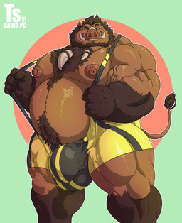 5_fingers anthro areola barazoku beard belly belly_hair belly_tuft biceps big_belly big_bulge big_muscles big_pecs black_clothing black_wrestling_singlet boar_tusks body_hair brown_beard brown_body brown_eyebrows brown_facial_hair brown_fur brown_hair bulge chest_hair chest_tuft clothed clothing erect_nipples eyebrows facial_hair fingers front_view fur gloves_(marking) hair happy_trail huge_bulge huge_muscles huge_pecs humanoid_hands jewelry leg_markings long_tail looking_at_viewer male markings multicolored_body multicolored_clothing multicolored_fur multicolored_wrestling_singlet musclegut muscular muscular_anthro muscular_male necklace nipples pecs pink_nipples pink_nose raised_eyebrow red_eyes simple_background small_ears smile snout socks_(marking) solo standing tail tail_tuft tan_body tan_fur tan_tail thick_eyebrows thin_tail tooth_necklace triceps tuft tusks two_tone_body two_tone_clothing two_tone_fur two_tone_wrestling_singlet vein veiny_muscles wrestler wrestling_singlet yellow_clothing yellow_wrestling_singlet tylerstark broody mammal suid suine sus_(pig) wild_boar 2018 absurd_res hi_res