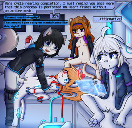 anthro breasts dialogue feet female flat_chested from_front_position genitals glowing group lying machine male male/female missionary_position neon nipples nude on_back pawpads paws penetration questionable_consent sex size_difference soles speech_bubble text toes vaginal vaginal_penetration vulva young dream_mirage android domestic_cat felid feline felis mammal robot absurd_res english_text hi_res