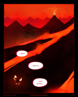 anthro black_border black_bottomwear black_clothing black_pants black_shirt black_topwear border bottomwear clothing dialogue eruption lava male mountain pants red_sky shirt sky solo speech_bubble text topwear volcanic_eruption volcano sharkinthepark rowel_(sharkinthepark) canid canine fox mammal 2025 4:5 absurd_res english_text hi_res