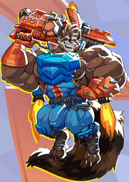 3_toes 4_fingers abs abstract_background anthro areola barazoku barefoot biceps big_bulge big_muscles big_pecs big_tail biped black_lips black_nose blue_jumpsuit brown_areola brown_body brown_fur brown_hair brown_nipples bulge claws clothed clothed_anthro clothed_male clothing deltoids detailed_bulge eyebrows feet fingers fire flying fur genital_outline gloves grin grinning_at_viewer gun hair handwear holding_gun holding_object holding_ranged_weapon holding_weapon huge_bulge huge_muscles humanoid_hands hyper hyper_muscles jet_pack lips looking_at_viewer male male_anthro manly markings multicolored_body multicolored_fur muscular muscular_anthro muscular_arms muscular_male nipples orange_clothing orange_gloves orange_handwear pecs penis_outline quads ranged_weapon red_eyes red_sclera ring_(marking) ringed_tail smile smiling_at_viewer solo spiked_gloves spikes striped_markings striped_tail stripes tail tail_markings teeth thick_eyebrows three-quarter_view tight_clothing tight_jumpsuit toe_claws toes triceps vein veiny_muscles weapon weapon_on_shoulder white_body white_eyebrows white_fur shelbyyorda shenaniwhagons guardians_of_the_galaxy marvel marvel_rivals rocket_raccoon mammal procyonid raccoon artist_collaboration digital_drawing_(artwork) digital_media_(artwork) full-length_portrait hi_res portrait shaded