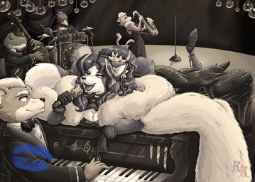 5_fingers anthro bass_guitar breasts clothed clothed_anthro clothed_female clothing dress drum drum_set electronics female fingers footwear fur group guitar hair high_heels humanoid_hands keyboard_instrument kiss_mark male male/female microphone musical_instrument open_mouth open_smile percussion_instrument piano plucked_string_instrument saxophone shoes singing smile string_instrument suit tongue wind_instrument woodwind_instrument gomerz22 nintendo star_fox falco_lombardi fox_mccloud katt_monroe krystal_(star_fox) slippy_toad amphibian avian bird canid canine domestic_cat felid feline felis fox frog mammal toad_(frog) monochrome sepia