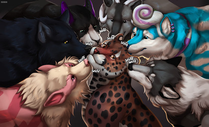 ambiguous_feral ambiguous_gender black_body black_fur blue_body blue_eyes blue_fur cheek_tuft eyes_closed facial_spots facial_tuft feral fur grey_body grey_eyes grey_fur group hair horn markings mouth_closed neck_tuft orange_eyes pink_body pink_fur red_eyes red_markings simple_background sniffing spotted_back spotted_face tan_body tan_fur tuft white_body white_fur white_hair white_horn yellow_eyes roobin nintendo pokemon roobin_(character) rove_(falloutwolf) arcanine canid canine canis felid generation_1_pokemon mammal pokemon_(species) wolf hi_res