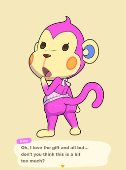 anthro biped brown_nose butt cheek_spots dialogue female fur fur_markings gloves_(marking) leg_markings looking_back markings multicolored_body multicolored_fur open_mouth pink_body pink_fur simple_background socks_(marking) solo standing tail tan_background tan_body tan_fur text impstripe animal_crossing nintendo nana_(animal_crossing) haplorhine mammal monkey primate english_text hi_res