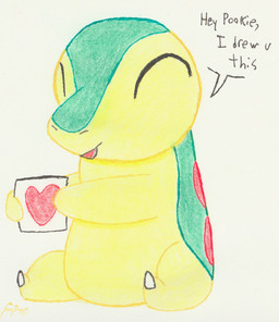 ambiguous_gender blue_body claws dialogue drawing_(object) eyes_closed feral gift happy multicolored_body paper presenting_gift sitting solo speech_bubble toe_claws yellow_body mountainrich nintendo pokemon cyndaquil generation_2_pokemon mammal pokemon_(species) absurd_res hi_res signature traditional_media_(artwork)
