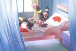 ambiguous_gender bed bottomwear butt clothing featureless_crotch feet feral furniture heart_symbol iv_bag legwear looking_at_viewer nurse_clothing on_bed pantyhose pawpads paws skirt soles solo stockings toes flong nintendo pokemon eeveelution generation_2_pokemon pokemon_(species) umbreon absurd_res hi_res