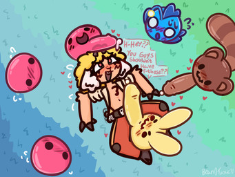 anthro arm_fluff belt big_penis blush blush_lines bodily_fluids clothing erection eyelashes femboy fingers fluffy_ears genitals group heart_symbol hooved_fingers hooves imminent_sex interspecies larger_sub male male/male penis pinned pinned_to_ground size_difference slime submissive sweat bean0tastic slime_rancher slime_rancher_2 beanie_(bean0tastic) angler_slime anglerfish aquatic bovid caprine cotton_slime fish goo_creature mammal pink_slime_(slime_rancher) ringtail_slime sheep slime_(blob) slime_(slime_rancher) waddling_head 4:3 absurd_res hi_res