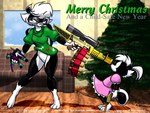 3_toes anthro barefoot black_body black_fur bottomless bottomless_female christmas_tree clothed clothing countershading detailed_background dress duo eyewear featureless_crotch feet female fur furniture glasses gloves_(marking) green_clothing gun handgun holding_gun holding_handgun holding_object holding_pistol holding_ranged_weapon holding_rifle holding_weapon holidays inside leg_markings machine_gun markings multicolored_body nerf_blaster pink_clothing pink_nose pistol plant plantigrade ranged_weapon rifle scared scope shirt smug socks_(marking) sofa text toes topwear toy toy_gun tree two_tone_body weapon white_body white_fur wide_eyed young eric_schwartz christmas hasbro nerf_(toy) sabrina_online sabrina_(sabrina_online) tabitha_(sabrina_online) mammal mephitid skunk 1997 3d_(artwork) 4:3 digital_media_(artwork) english_text mixed_media signature