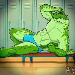 abs anthro bent_leg blue_clothing blue_speedo blue_swimwear bulge clothed clothing featureless_chest green_body green_eyes green_scales locker locker_bench locker_room lying male muscular muscular_anthro muscular_male on_side pecs pose scales solo speedo speedo_only swimwear tail teeth topless topless_anthro topless_male fabfelipe kung_fu_dino_posse kane_(kfdp) dinosaur prehistoric_species reptile scalie 1:1 2023 chromatic_aberration digital_drawing_(artwork) digital_media_(artwork) hi_res pinup