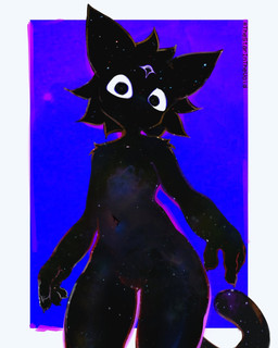 4_fingers ambiguous_gender anthro arm_tuft arms_bent big_eyes big_pupils black_body black_hair black_tail blue_background border cat_tail claws featureless_chest featureless_crotch fingers front_view hair head_tilt looking_at_viewer medium_hair mouthless navel noseless pupils shoulder_tuft simple_background solo standing starry_body tail text tuft white_border white_sclera thestarinthevoid domestic_cat felid feline felis mammal 2026 4:5 artist_name digital_media_(artwork) hi_res portrait three-quarter_portrait