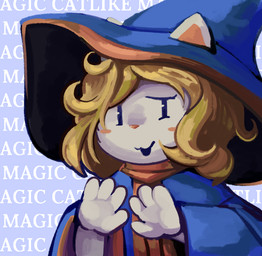 anthro blonde_hair blush clothed clothing female fur hair mage_hat mage_robe magic_user open_mouth simple_background solo text white_body white_fur scrambledeve catlike_magic marni_(catlike_magic) domestic_cat felid feline felis mammal