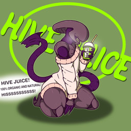 advertisement anthro beverage clothing dialogue exoskeleton femboy holding_object juice_(beverage) kneeling male segmented_body segmented_tail smile smiling_at_viewer solo speech_bubble steam sweater sweater_vest tail teeth text thick_thighs topwear unusual_anatomy unusual_tail vest lucardo_cruz alien_(franchise) omega_kefi alien humanoid xenomorph 1:1 2025 english_text