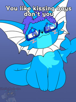 blush curly_hair eyewear feral glasses hair male smile solo text blackyumbreon boy_kisser_(meme) nintendo pokemon aquatic eeveelution fish generation_1_pokemon hybrid pokemon_(species) vaporeon 3:4 absurd_res english_text hi_res meme