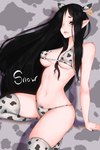 animal_ears animal_print animal_print_bikini animal_print_thigh_highs bikini black_hair breasts clothing cow_print cow_print_bikini cow_print_thigh_highs ear_piercing ear_tag eyelashes female grey_background grey_eyes grey_pubes hair hair_over_eye humanoid_pointy_ears legwear long_hair looking_at_viewer navel nipple_outline one_eye_obstructed pattern_background pattern_bikini pattern_clothing pattern_legwear pattern_swimwear pattern_thigh_highs piercing pointy_ears pube_peek pubes simple_background solo swimwear tan_body tan_skin thick_thighs thigh_highs two-piece_swimsuit wide_hips squishhee animal_humanoid bovid bovid_humanoid bovine bovine_humanoid cattle_humanoid humanoid mammal mammal_humanoid 2:3 absurd_res hi_res