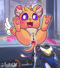 anus blue_eyes butt clitoris ear_fur feathered_wings feathers female feral fur genitals inner_ear_fluff pawpads paws presenting solo tuft vulva wings yellow_body yellow_fur teknomekanoid blizzard_entertainment overwatch eleos_(overwatch) cricetid hamster mammal rodent hi_res