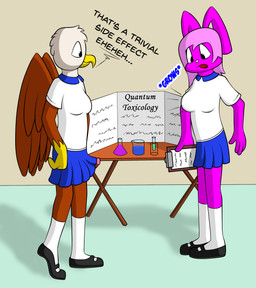 anthro bottomwear breast_growth breasts clothing duo erection female genitals growth herm intersex intersex/female male miniskirt penis school school_uniform science science_exibition skirt uniform young lucyhaupdarsteller eric_adler lucy_(lucyhaupdarsteller) accipitrid accipitriform avian bird eagle hare lagomorph leporid mammal rabbit absurd_res hi_res