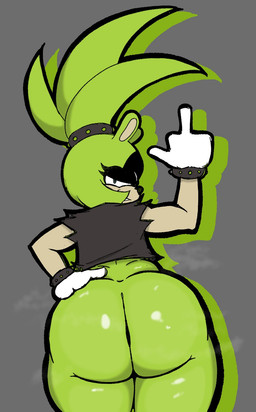anthro big_butt black_body black_clothing black_fur black_nose black_topwear bottom_heavy bottomless bottomless_female bracelet butt clothed clothing eyelashes facial_markings female fur gesture gloves green_body green_fur grey_eyes hand_gesture hand_on_hip handwear head_markings huge_butt jewelry looking_at_viewer looking_back looking_back_at_viewer markings middle_finger rear_view smile solo studded_bracelet studded_jewelry studs tan_body tan_fur thick_thighs topwear white_clothing white_gloves white_handwear wide_hips fenceprodart idw_publishing sega sonic_the_hedgehog_(comics) sonic_the_hedgehog_(idw) sonic_the_hedgehog_(series) surge_the_tenrec afrosoricid mammal tenrec hi_res
