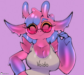 4_fingers antennae_(anatomy) anthro big_breasts biped blue_body blue_eyebrows breasts closed_smile clothed clothed_anthro clothed_female clothing empty_eyes eyebrows eyelashes eyewear female female_anthro fingers glasses glistening glistening_body glistening_breasts glistening_clothing glistening_shirt glistening_topwear goo_hair looking_at_viewer mouth_closed multicolored_body non-mammal_breasts pink_body pointy_ears pseudo_hair purple_background purple_body shirt simple_background sleeveless_shirt smile smiling_at_viewer solo sunglasses text text_on_clothing text_on_shirt text_on_topwear topwear white_clothing white_shirt white_topwear voider_(artist) mythology velira_(voiderino) alien dragon goo_creature hybrid mythological_creature mythological_scalie scalie 2026 artist_name digital_media_(artwork) hi_res
