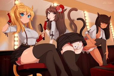 accessory black_hair blonde_hair bottomwear brown_hair brush chair clean_diaper clothed clothing diaper diaper_fetish diaper_under_clothing diaper_under_skirt feline_ears flower flower_in_hair furniture gloves group hair hair_accessory handwear legwear lipstick looking_at_viewer makeup mirror plant skirt stockings tail trio wearing_diaper merunyaa animal_humanoid felid felid_humanoid feline feline_humanoid humanoid mammal mammal_humanoid 2018 hi_res