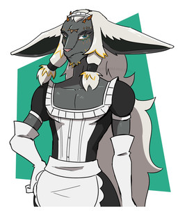anthro armwear clothing elbow_gloves gloves hair handwear maid_apron maid_headdress maid_uniform male pose solo standing uniform white_clothing white_gloves white_hair white_handwear tsunamicorw nintendo tears_of_the_kingdom the_legend_of_zelda rauru_(tears_of_the_kingdom) zonai hi_res