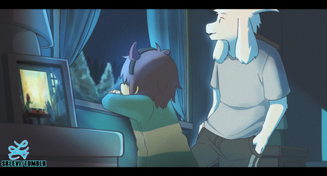 2_horns ambiguous_gender anthro bedroom black_bars black_bottomwear black_clothing black_pants bottomwear brown_hair clothed clothing curtains detailed_background duo fake_horns floppy_ears fur furniture green_clothing green_sweater green_topwear grey_clothing grey_shirt grey_topwear hair horn lamp light logo looking_out_window male moonlight night nightstand pants pattern_clothing pattern_sweater pattern_topwear photo plant shirt sky star starry_sky striped_clothing striped_sweater striped_topwear stripes sweater text topwear tree white_body white_fur white_horn window young srlevi deltarune undertale undertale_(series) asriel_dreemurr kris_dreemurr boss_monster_(undertale) bovid caprine goat human mammal artist_logo artist_name letterbox sibling_(lore)