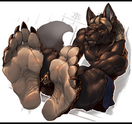 anthro barefoot black_bars claws feet foot_focus fur german hair humanoid_feet jewelry male necklace plantigrade smile soles solo tail teeth toes kredri canid canine canis domestic_dog mammal letterbox